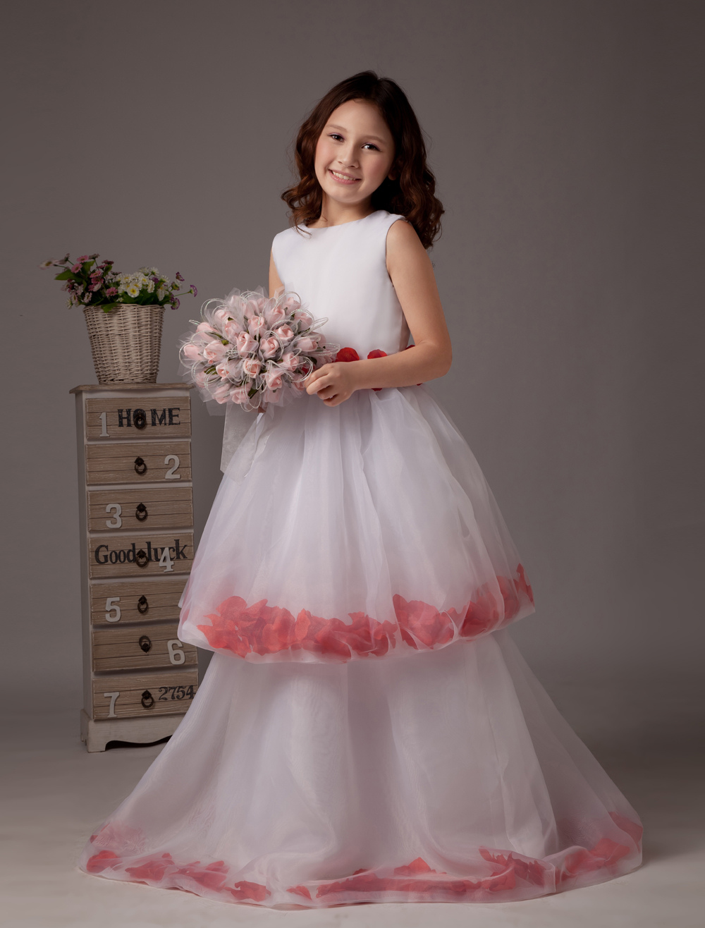 White Sleeveless Multi Layer Satin Flower Girl Dress