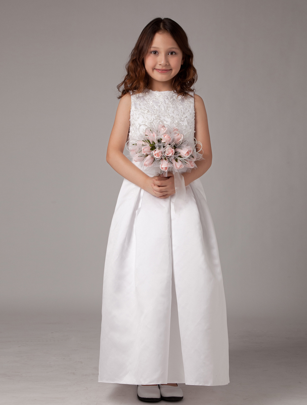 White Satin Lace Flower Girl Dress