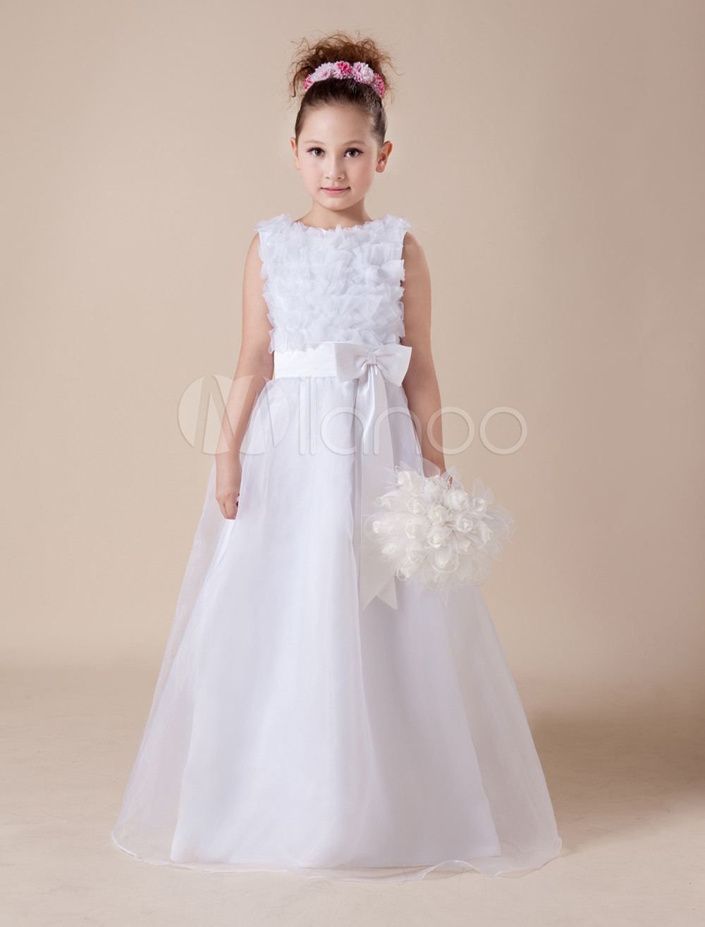 White Flower Girl Dress Floor-Length Sash Bow Tulle Dress - Milanoo.com