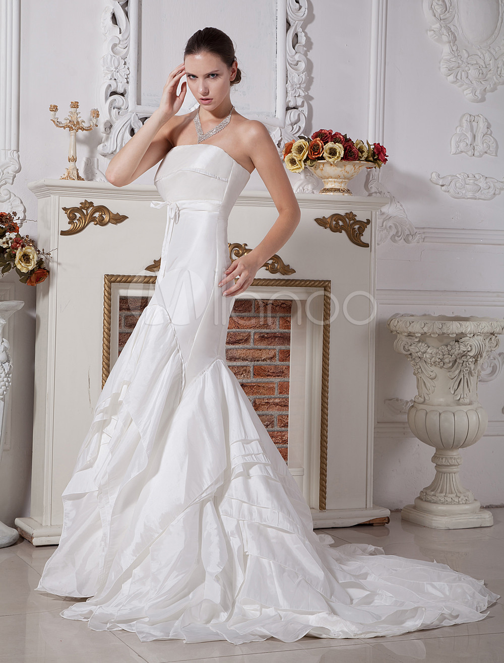 Classical White Satin Mermaid Trumpet Strapless Wedding Dress - Milanoo.com