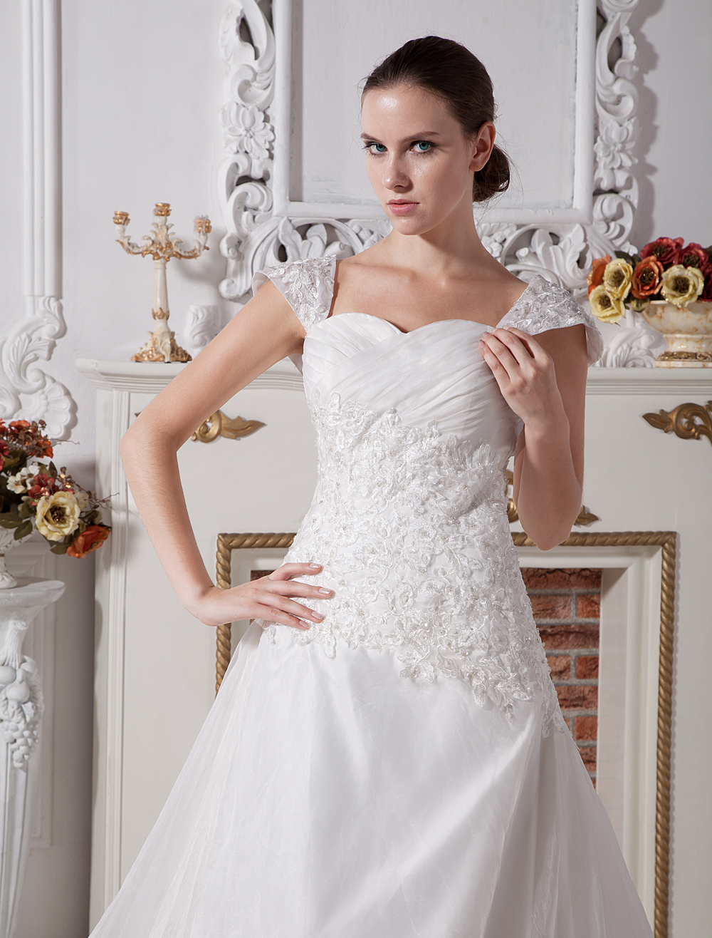 White A-line Sweetheart Cap Sleeves Lace Satin Wedding Dress - Milanoo.com