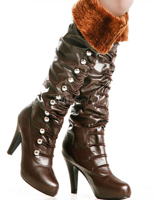 Furry Brown PU Leather Lace Up Women's Over The Knee Boots