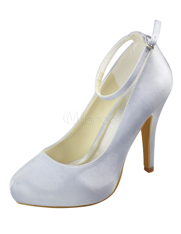 Ivory Round Toe Ankle Strap Satin Bridal Shoes - Milanoo.com