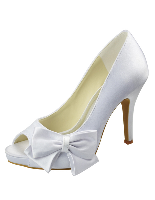 White Satin Bow Decoration Peep Toe Wedding Bridal Heels - Milanoo.com
