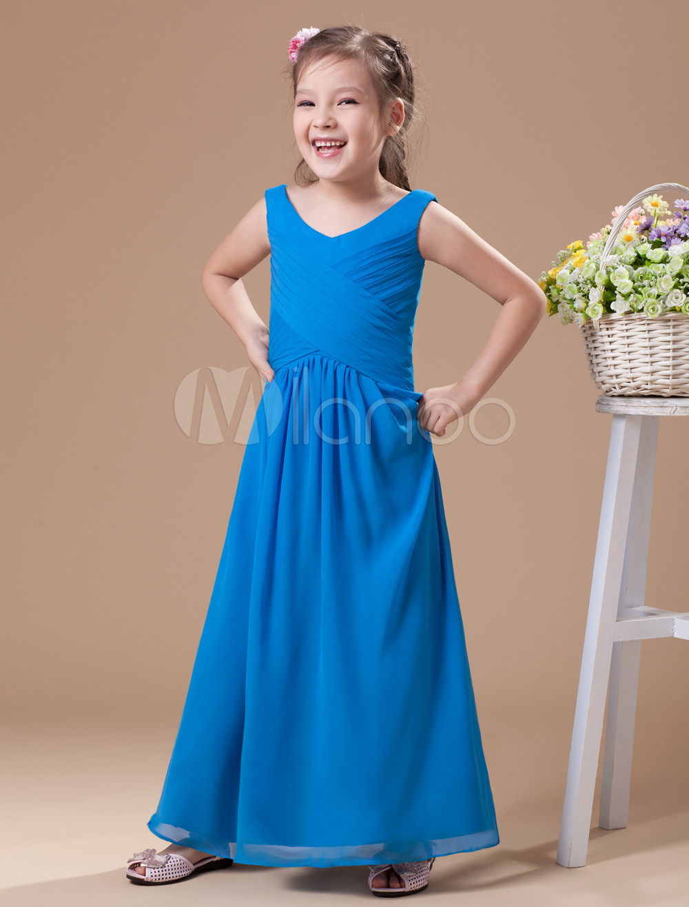 A-line Yellow Chiffon Junior Bridesmaid Dress with V-Neck - Milanoo.com