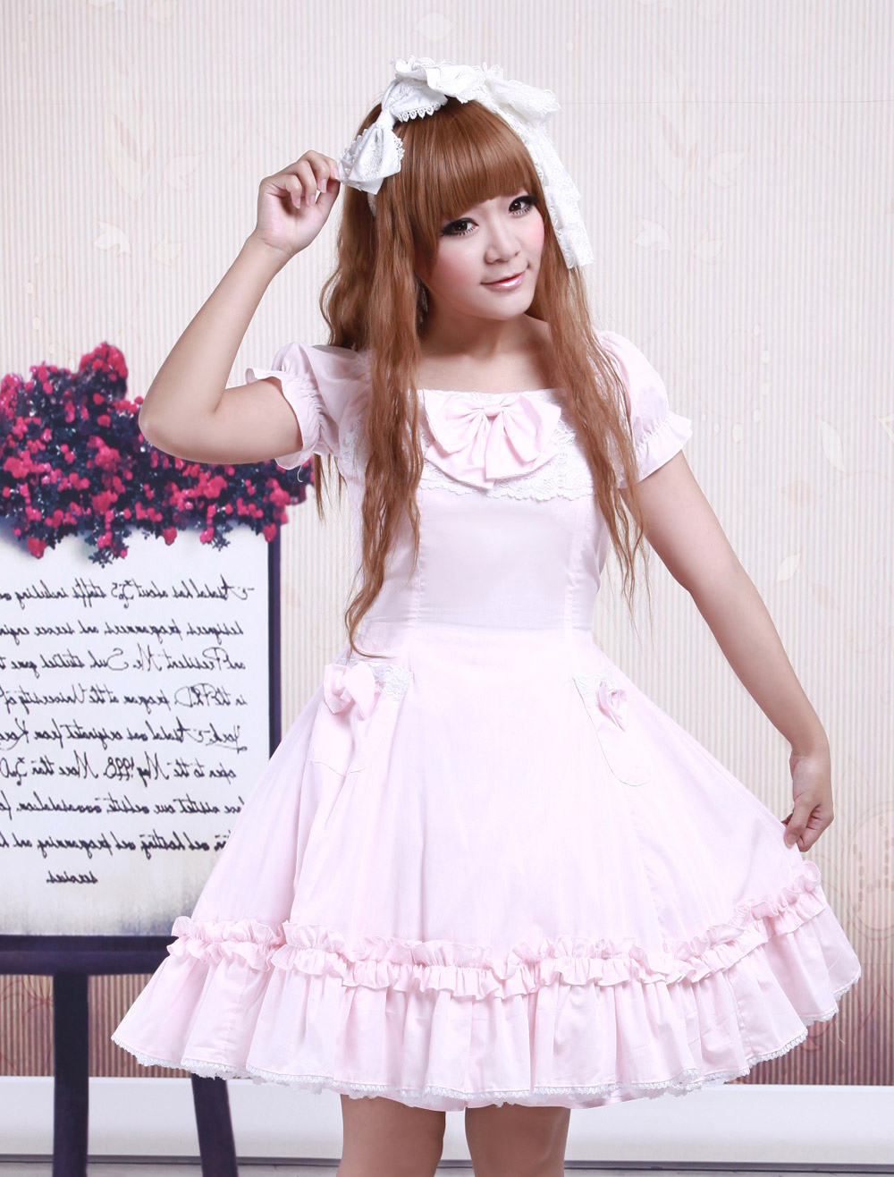 Robe de lolita cosplay Manches Courtes Dentelle Coton Rose Déguisements Halloween