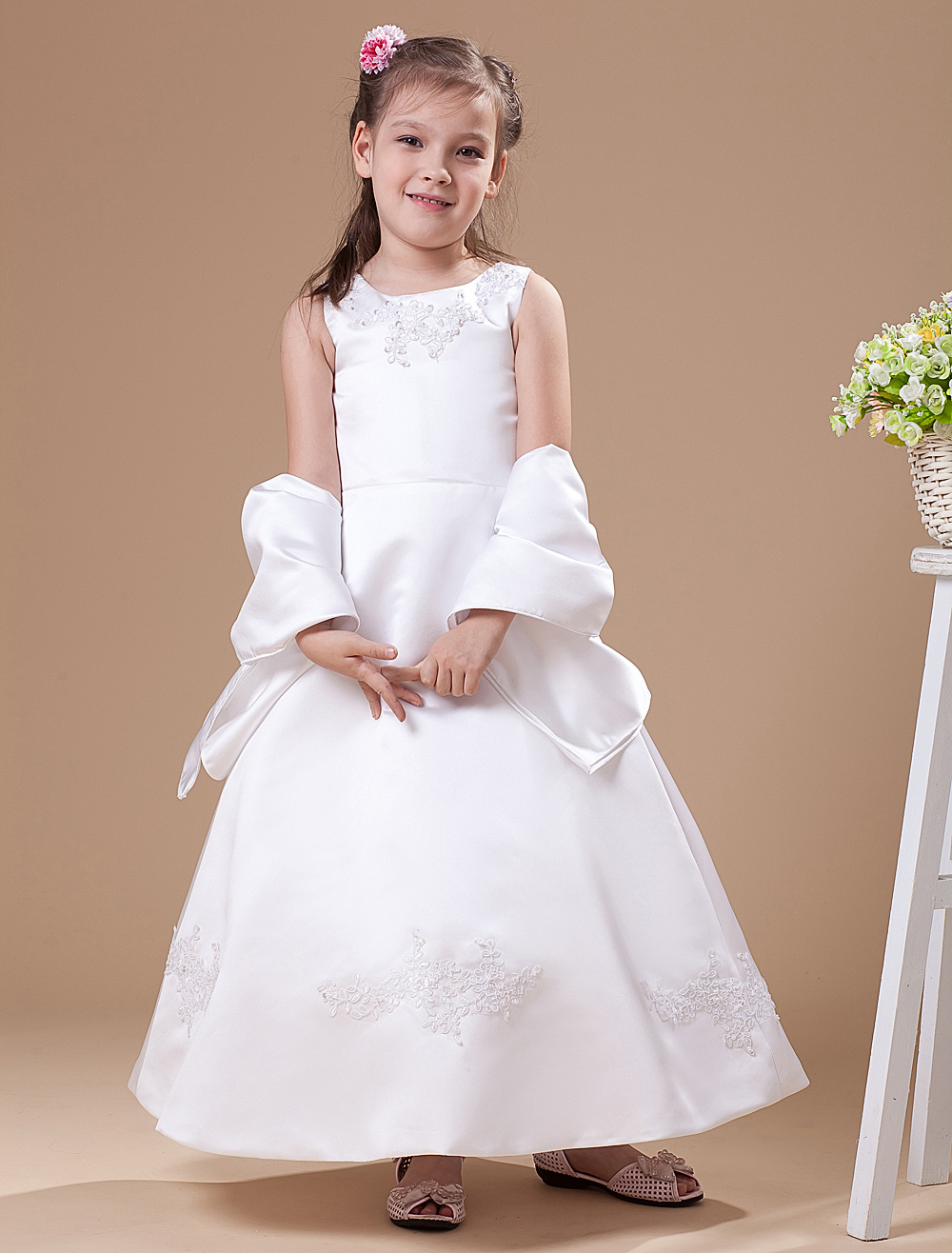 White A-Line Sleeveless Satin Flower Girl Dress - Milanoo.com