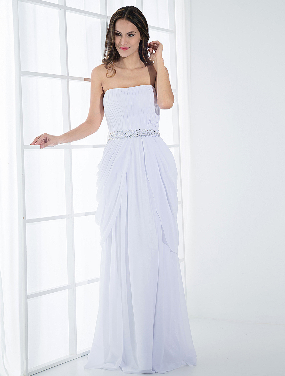 White Sweep Evening Dress with Elegant Empire Waist Beading Sweetheart