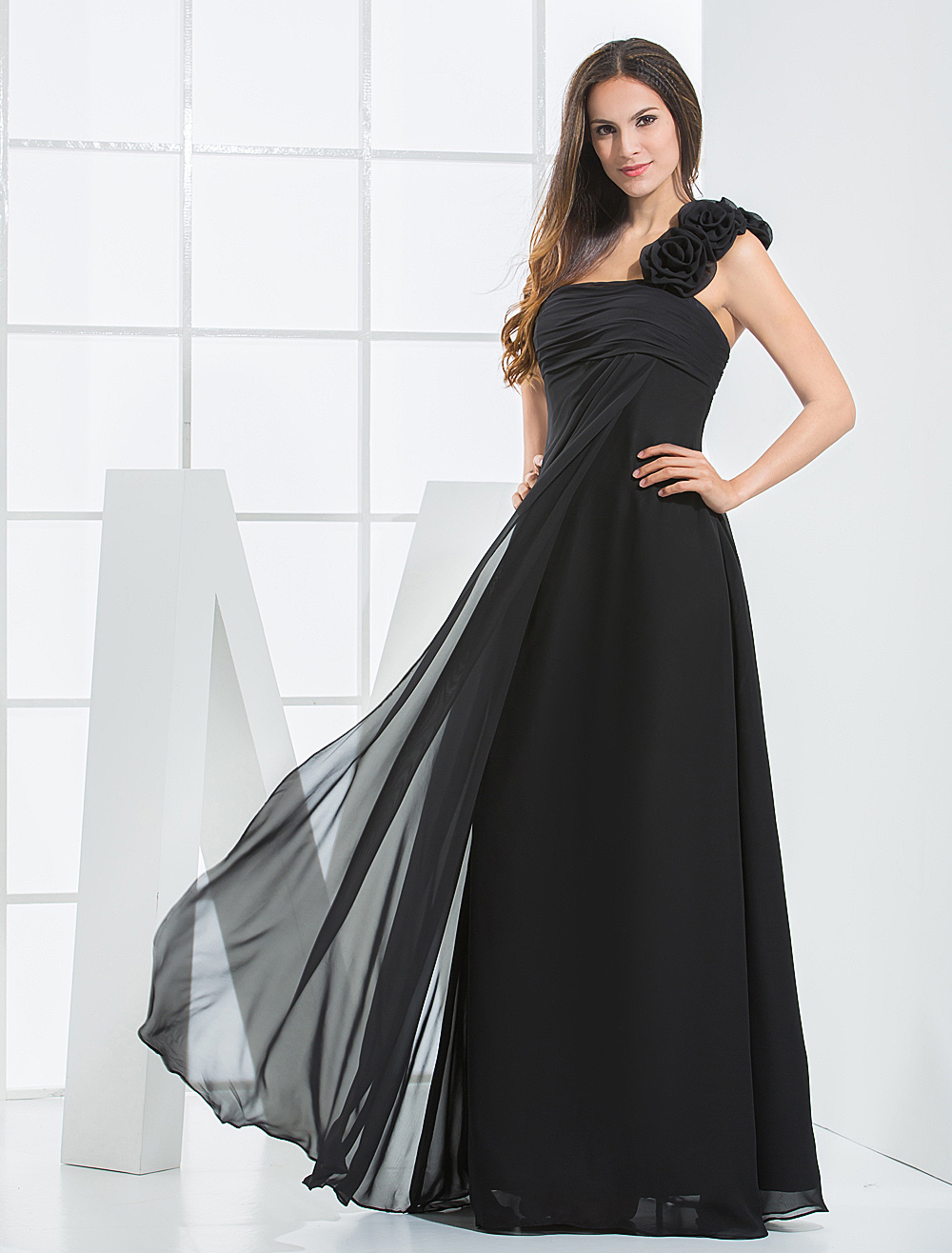 Black A-line One-shoulder Chiffon Floor-length Evening Dress - Milanoo.com