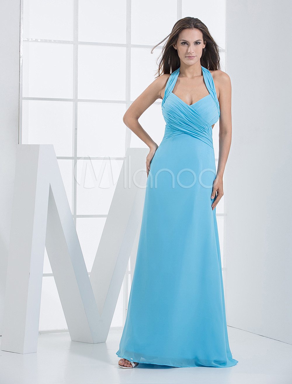 Blue Halter Tea Length Chiffon Prom Dress