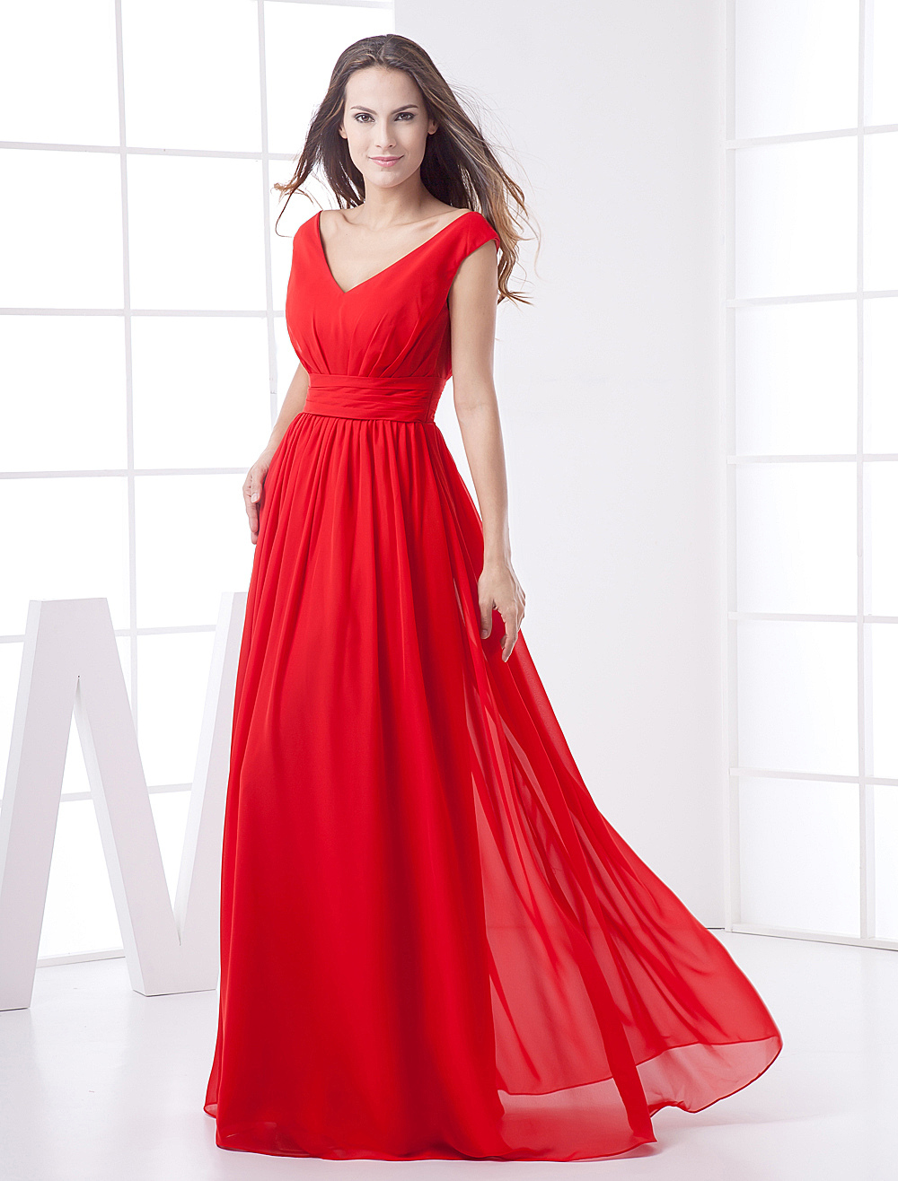 Red Chiffon Draped V Neck Womens Evening Dress