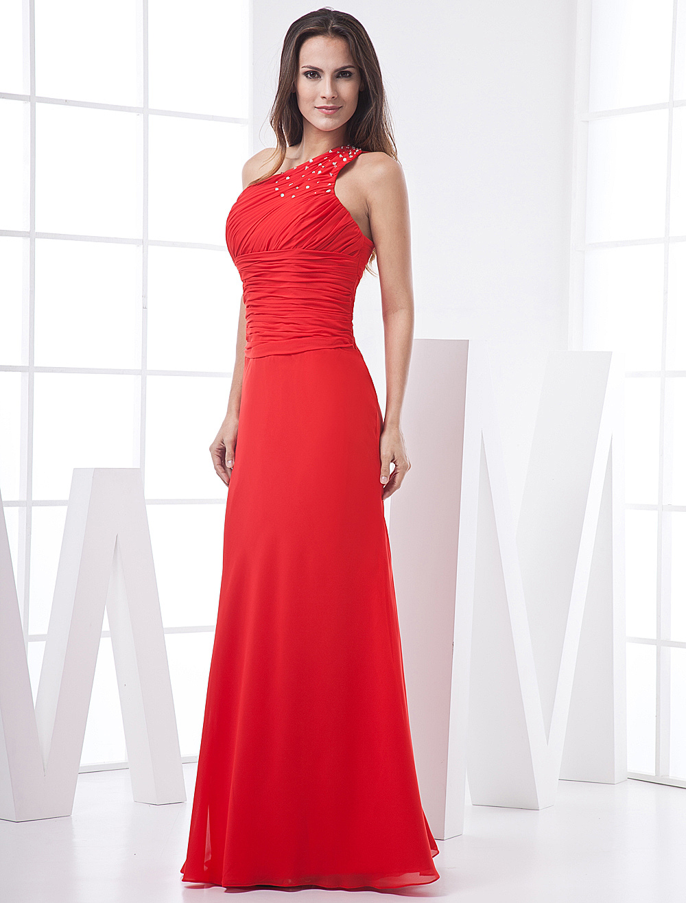 Red Sheath Beading One Shoulder Floor Length Chiffon Evening Dress With Ruched Bodice And 