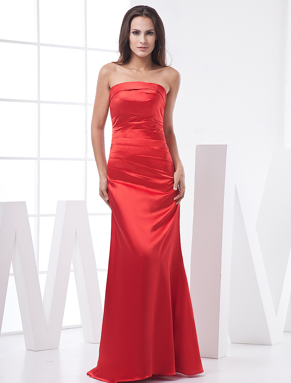 Red Strapless Satin Prom Dress 3667