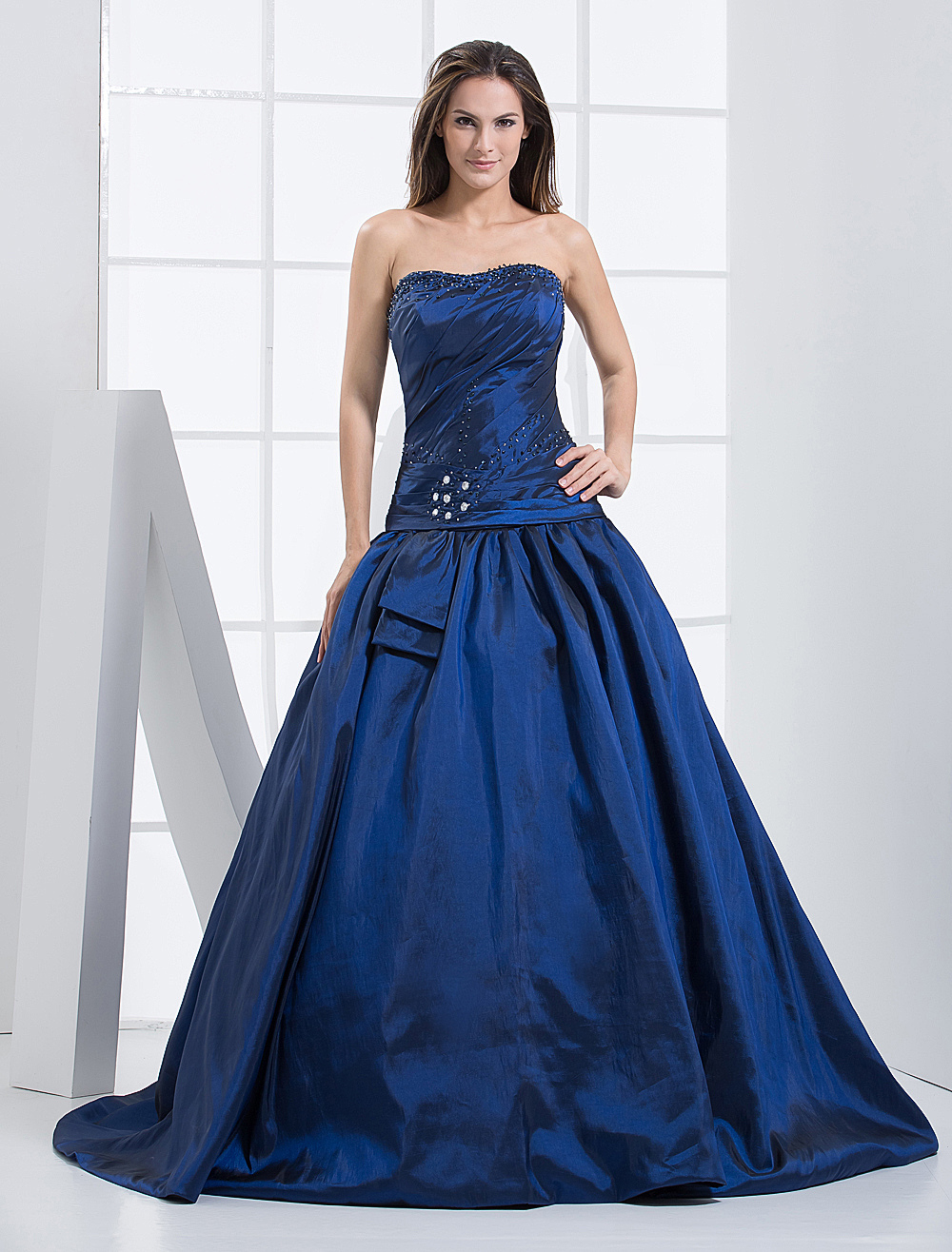 Royal Blue Strapless A-line Floor Length Taffeta Prom Dresses - Milanoo.com