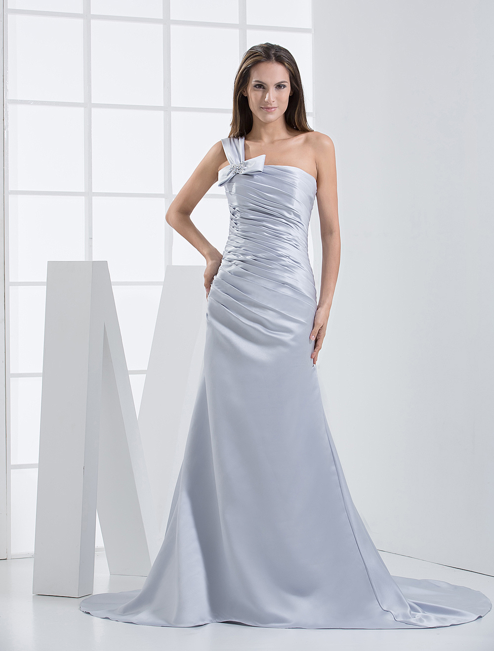 Silver One-Shoulder Sheath Satin Wedding Dress - Milanoo.com