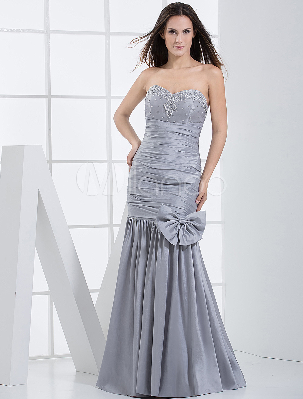 Slim Silver Taffeta Strapless Mermaid Trumpet Floor Length Prom Dress ...