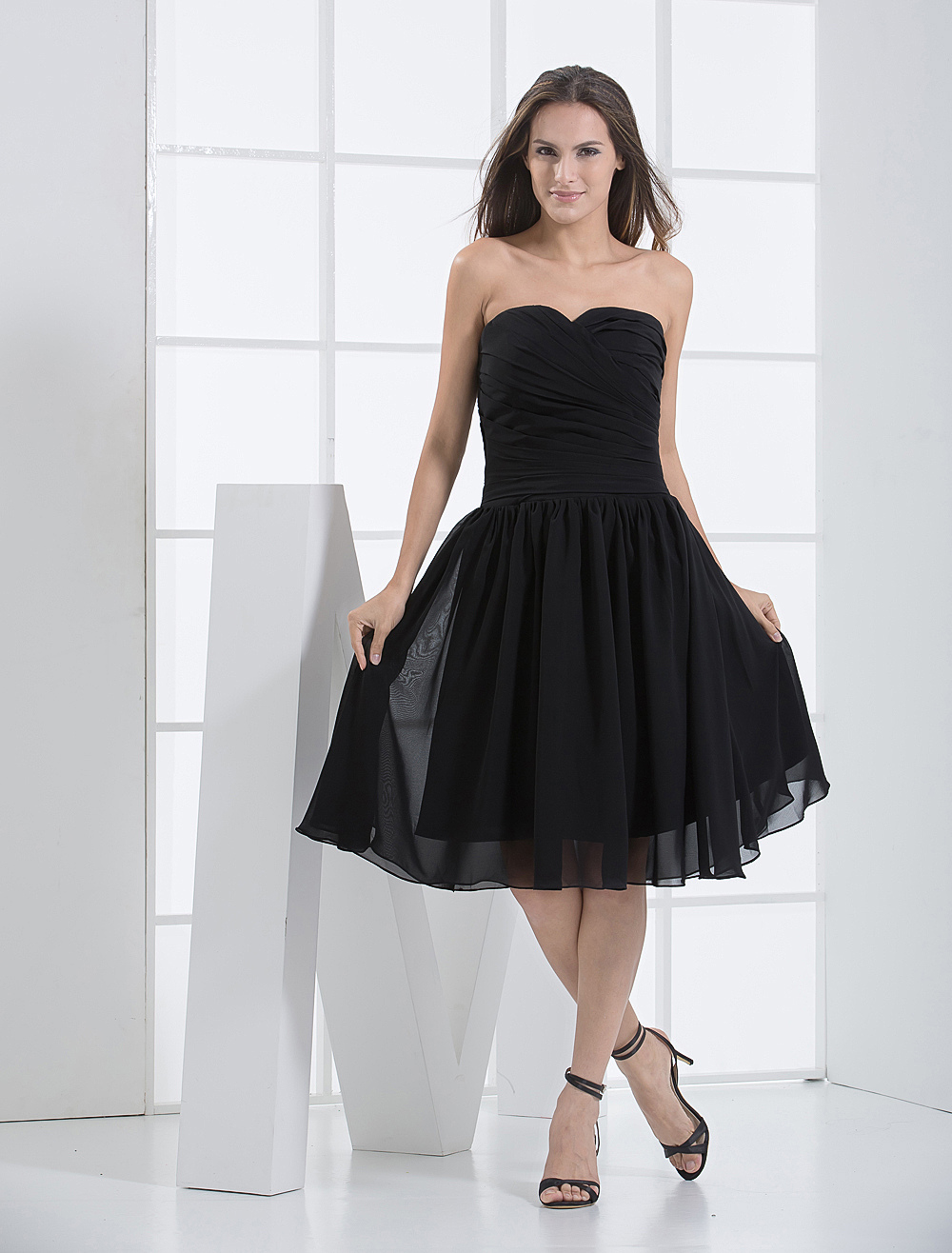 Sweet Black Chiffon Sweetheart Knee Length Cocktail Dress - Milanoo.com