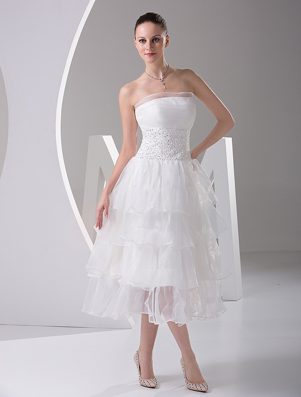 Short Wedding Dresses Bridal White Strapless Beaded Tiered Reception ...