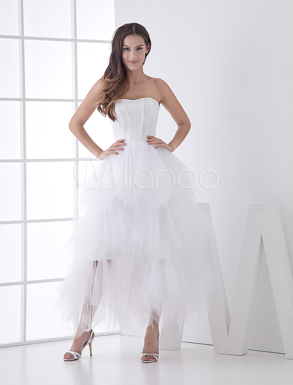 White Classic Strapless Satin Mini Wedding Dress - Milanoo.com