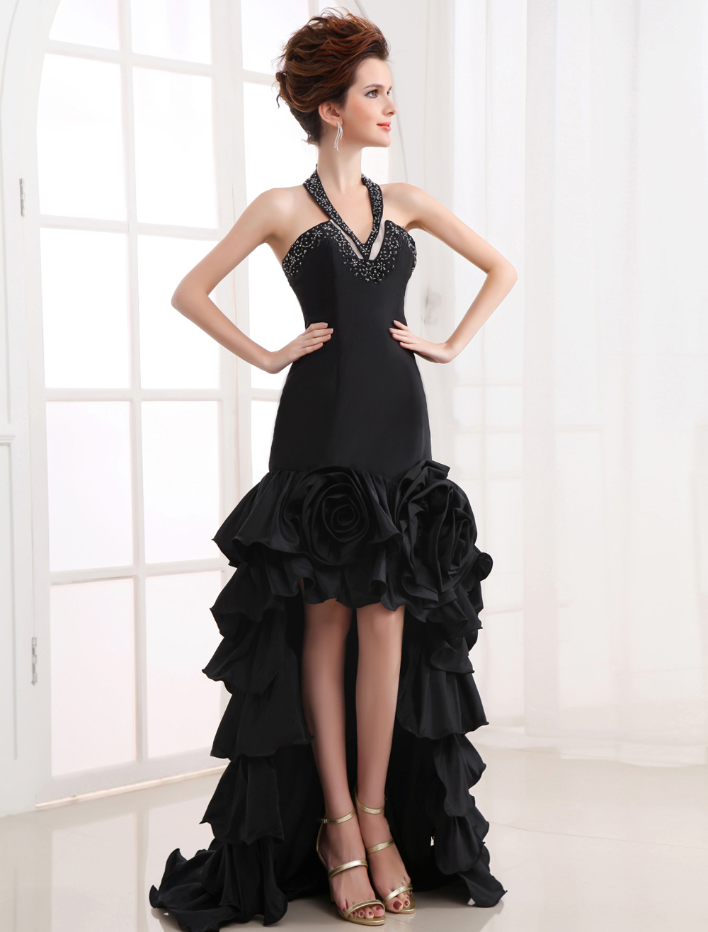 High-Low Black Wedding Dress Halter Neck Ruffle Taffeta Prom Dress