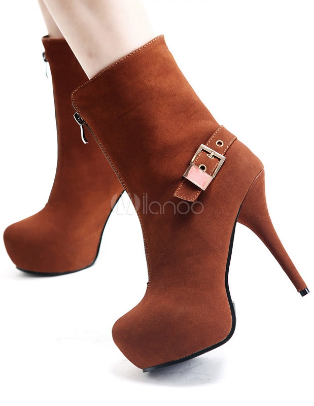 high heel booties brown