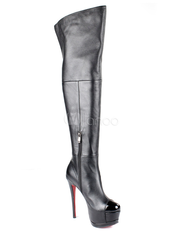 high heel black leather boots