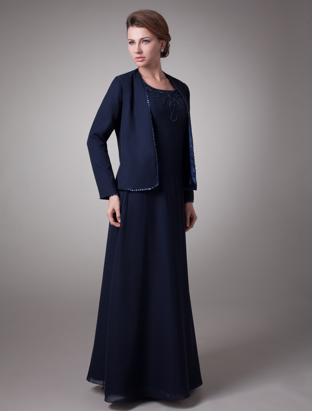 Two-Piece Dark Navy Satin Mother Of Bride And Groom Dress - Milanoo.com