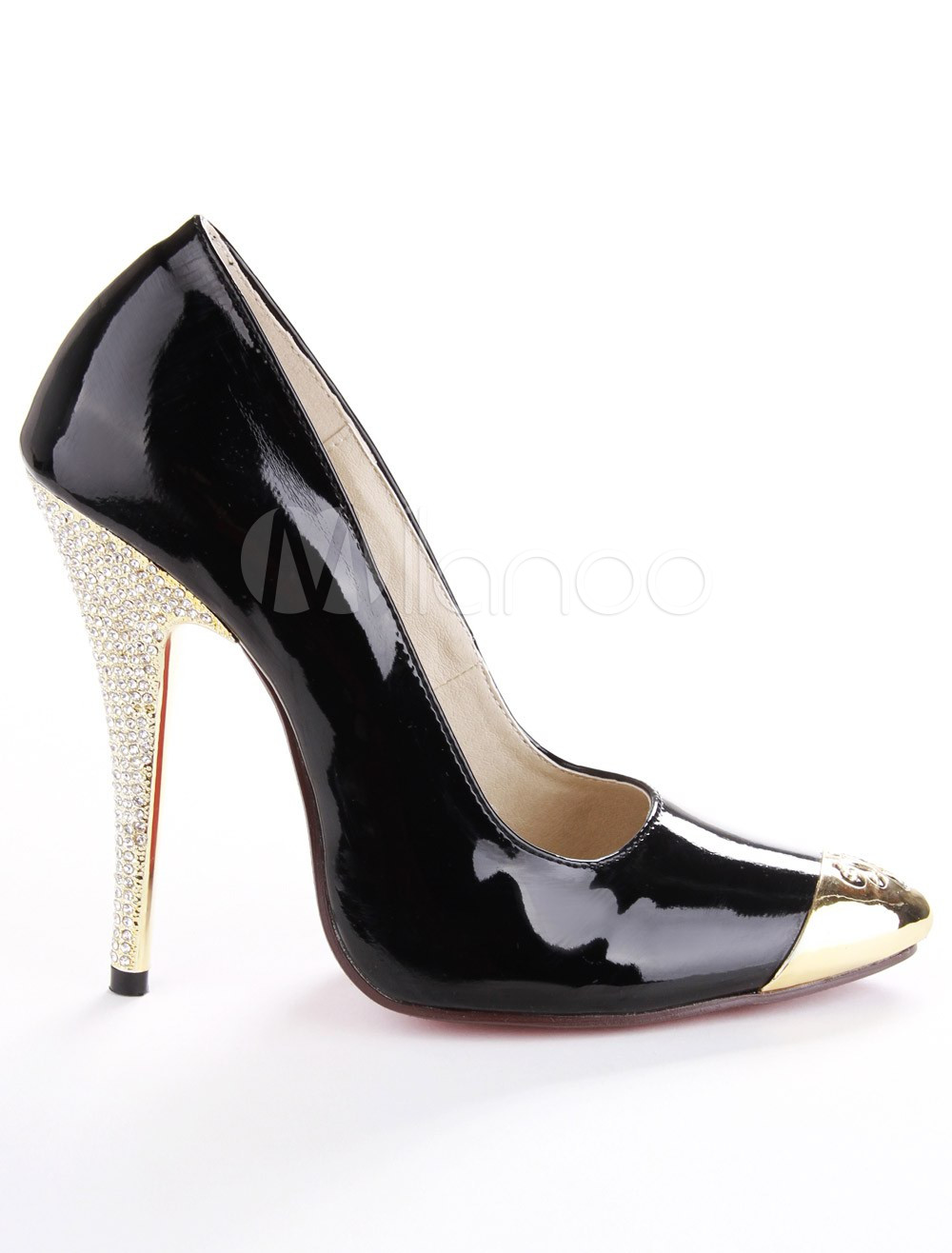 Black Patent Leather Rhinestone Pointed Toe Womens Sexy High Heels 5662