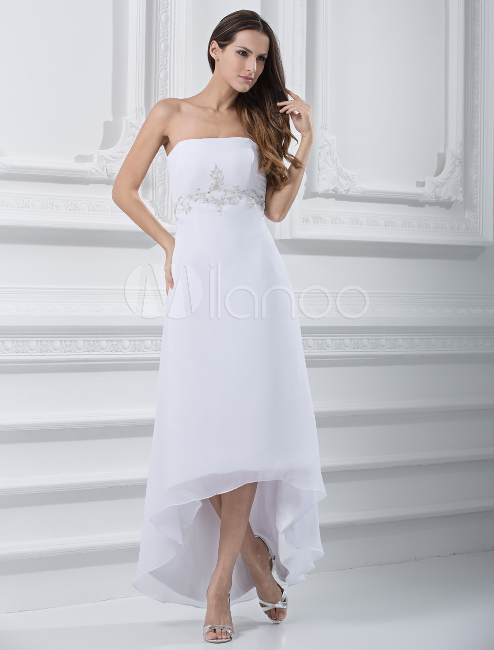 Asymmetrical White Bride's Wedding Dress with Strapless Sheath Beading ...