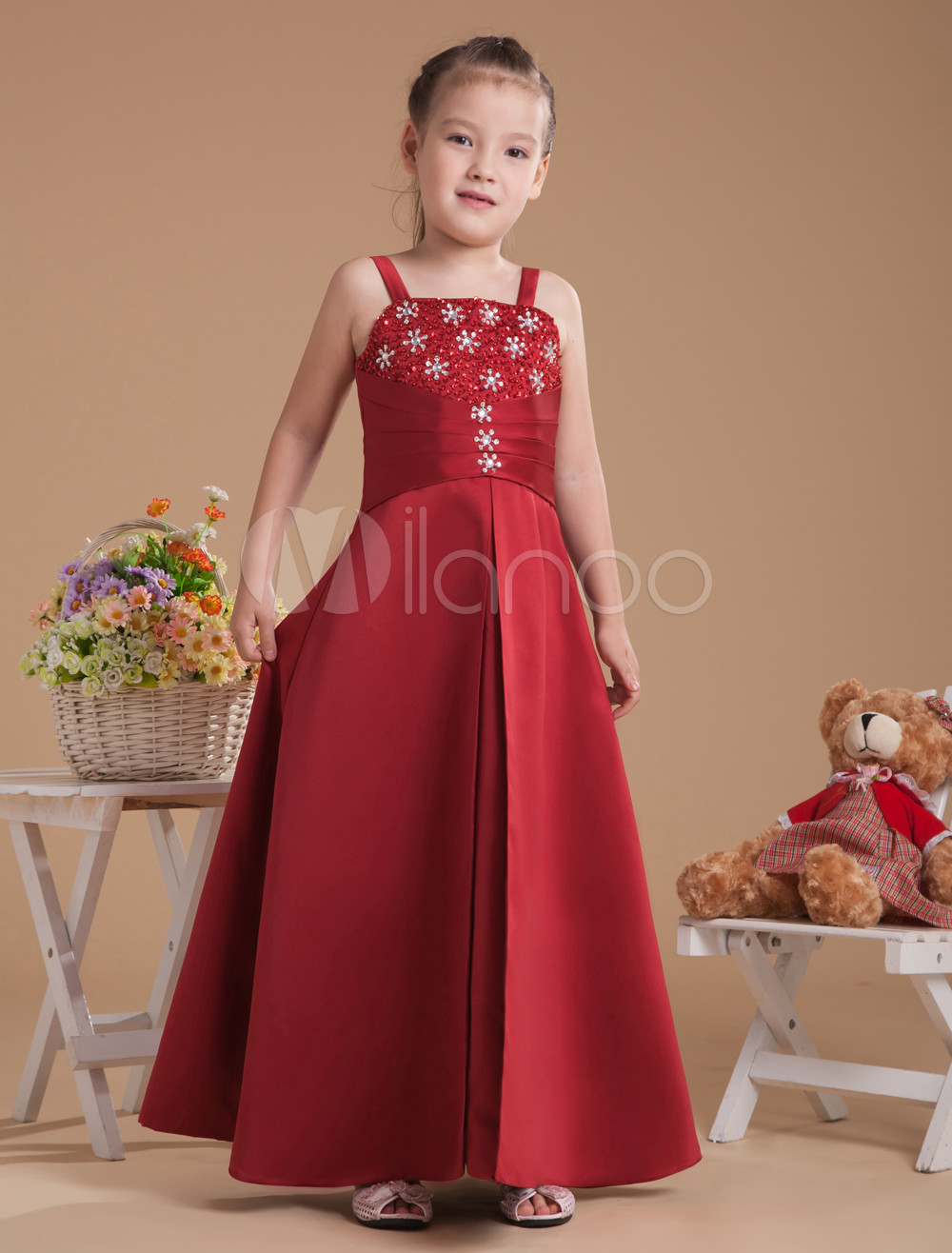 Aline Red Satin Junior Bridesmaid Dress with Spaghetti Straps