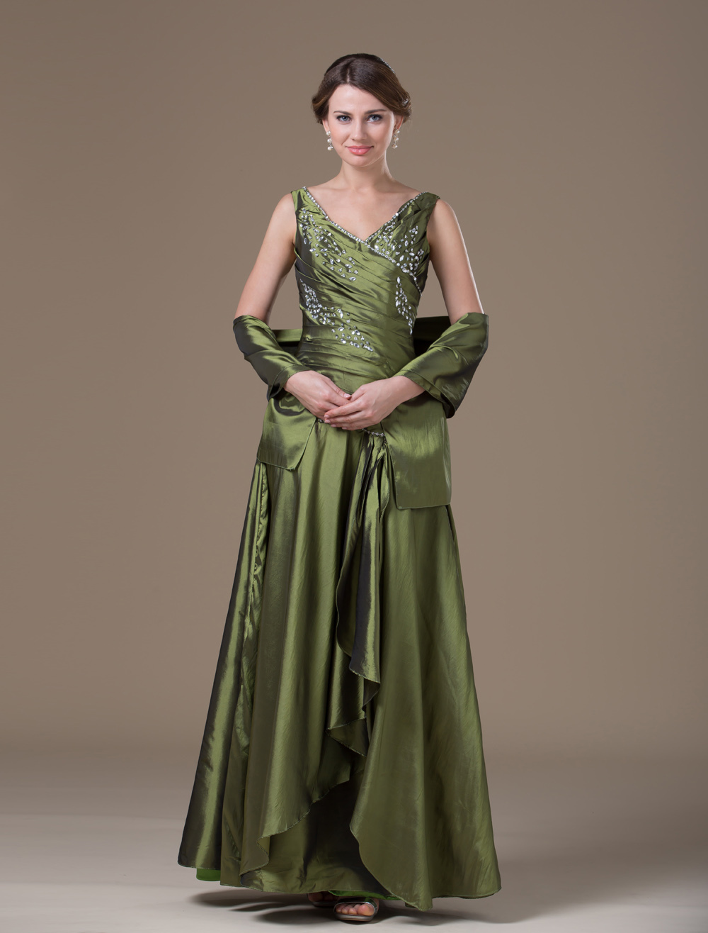 Mother Of Bride Dress Green Wrap V Neck Floor Length Taffeta Wedding