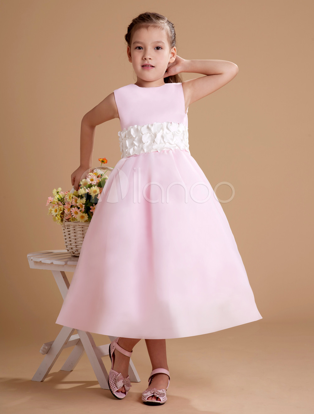 Cute Pink Aline Jewel Satin Tea Length Flower Girl Dress