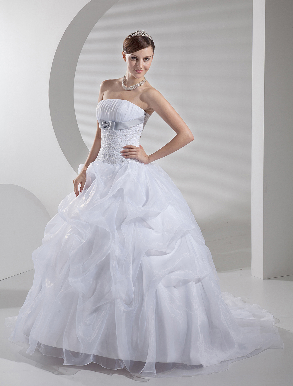 White Wedding Dress Ball Gown Satin Organza Beaded Draped Wedding Gown ...