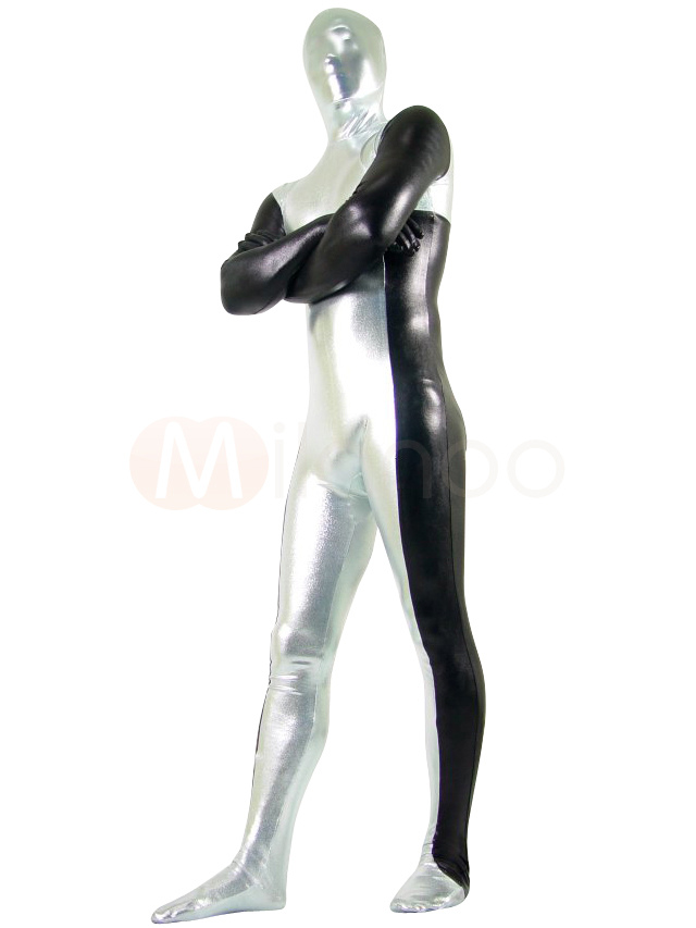 Silver And Black Shiny Metallic Unisex Zentai Suit