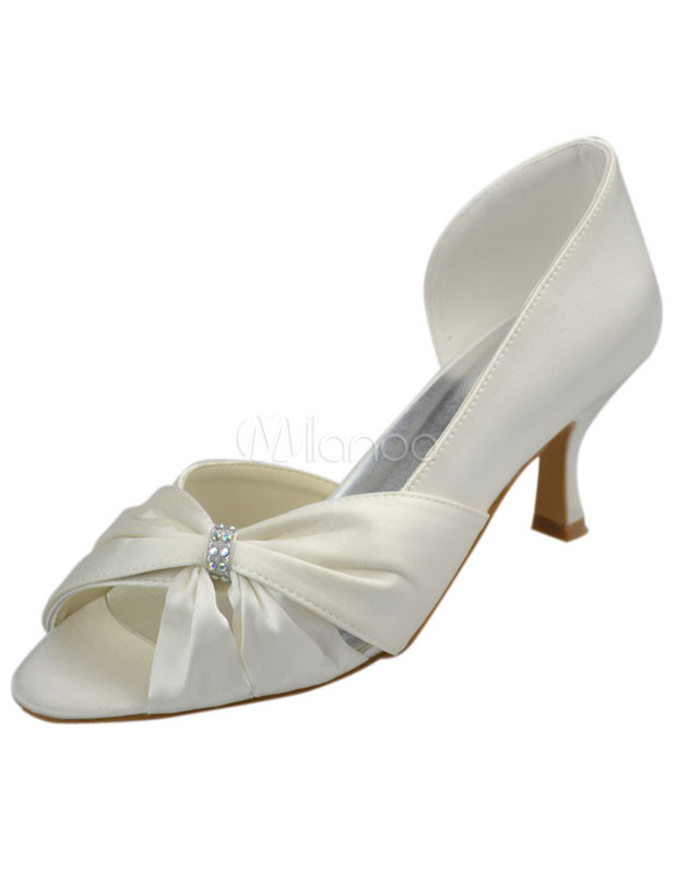 Ivory Peep Toe Rhinestone Satin Bridal Shoes - Milanoo.com