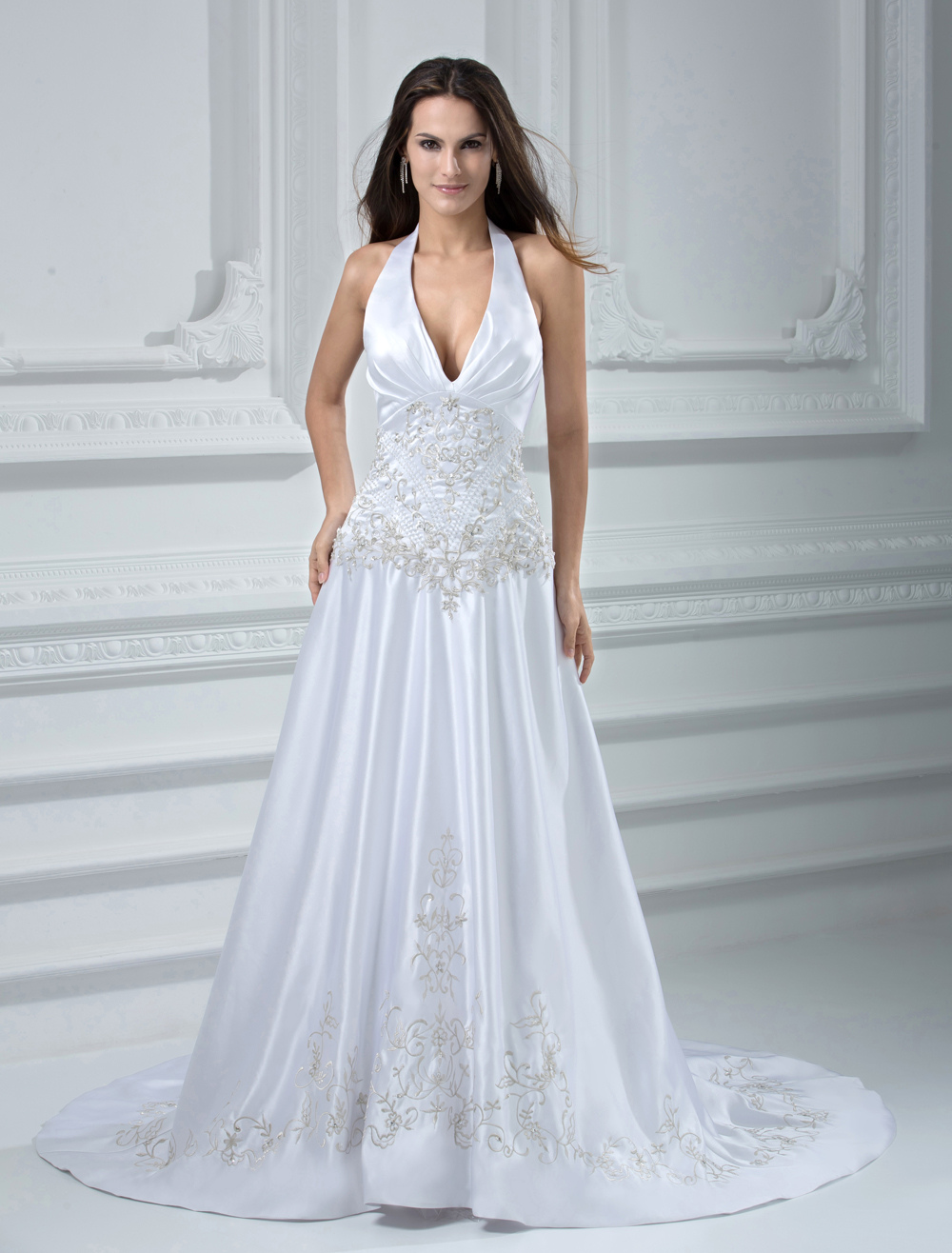 Court Train White Bridal Wedding Gown With Halter A Line Beading 