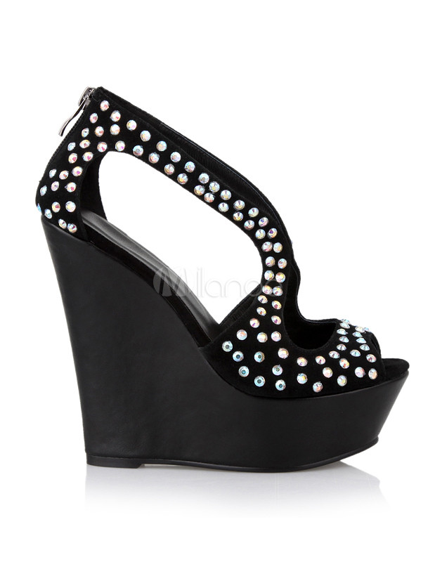 Classic Black Rhinestone Hollow Out Women's Wedge Sandals