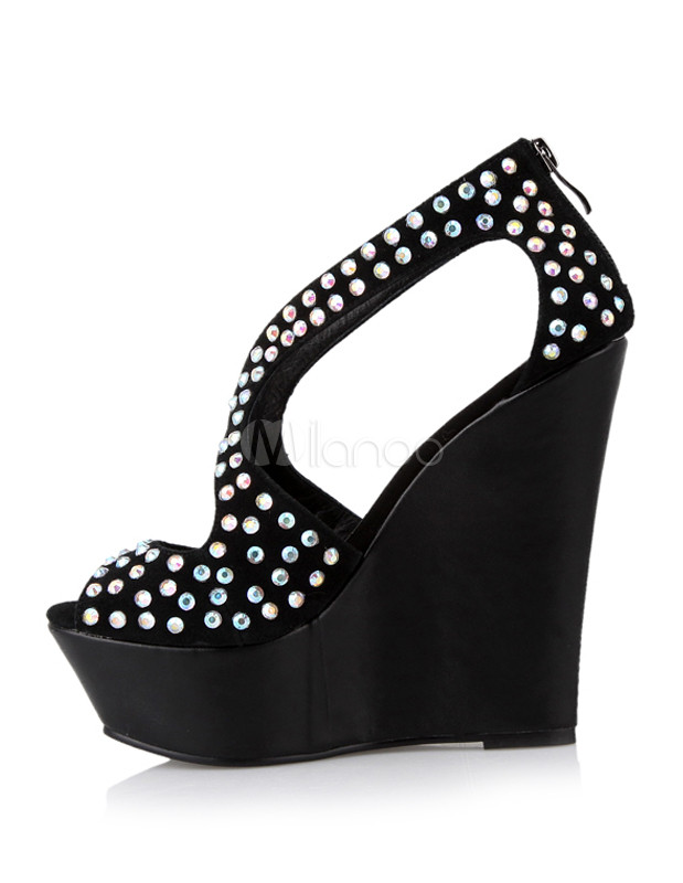 Classic Black Rhinestone Hollow Out Women's Wedge Sandals
