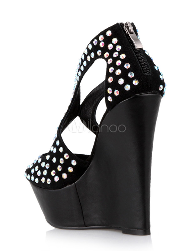 Classic Black Rhinestone Hollow Out Women's Wedge Sandals