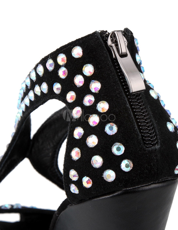 Classic Black Rhinestone Hollow Out Women's Wedge Sandals