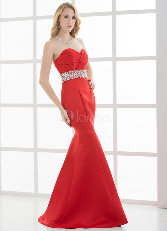 Mermaid Red Satin Beading Strapless Fashion Evening Dress - Milanoo.com