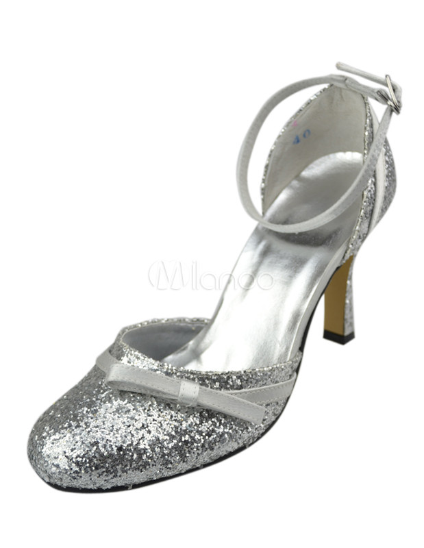 Silver Ankle Strap Bow Synthetic Bridal Shoes - Milanoo.com