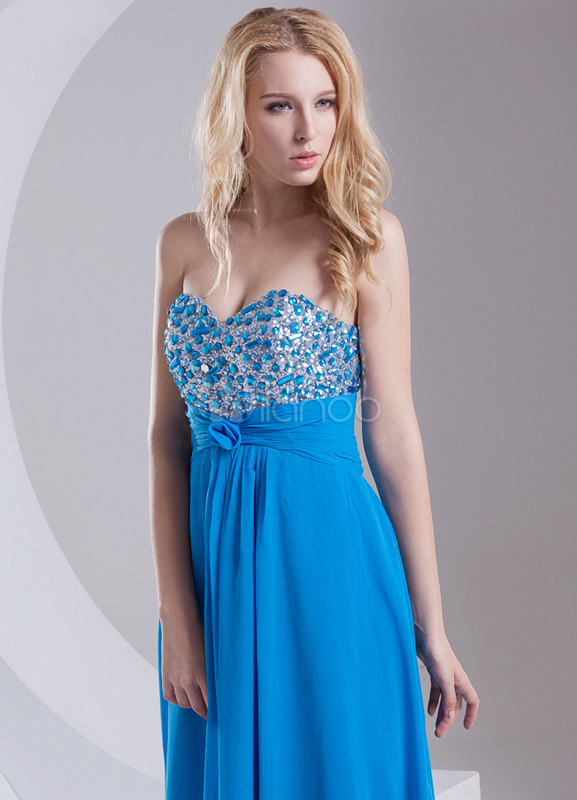 Blue Chiffon Beading Sweetheart Neck Fashion Evening Dress - Milanoo.com