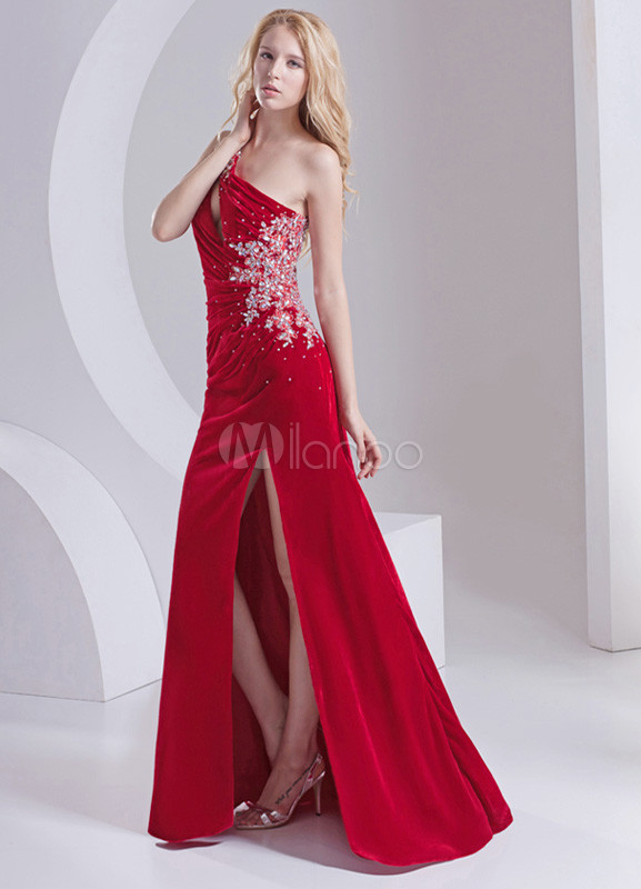 Red Flannel Beading One-Shoulder Side Split Sexy Evening Dress ...