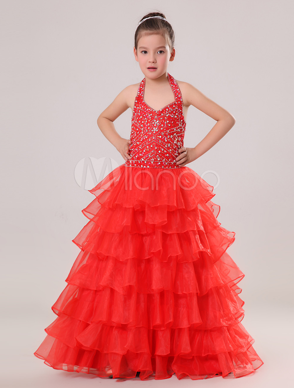 Vestido formal para niñas de tul de color rojo con escote Halter -  