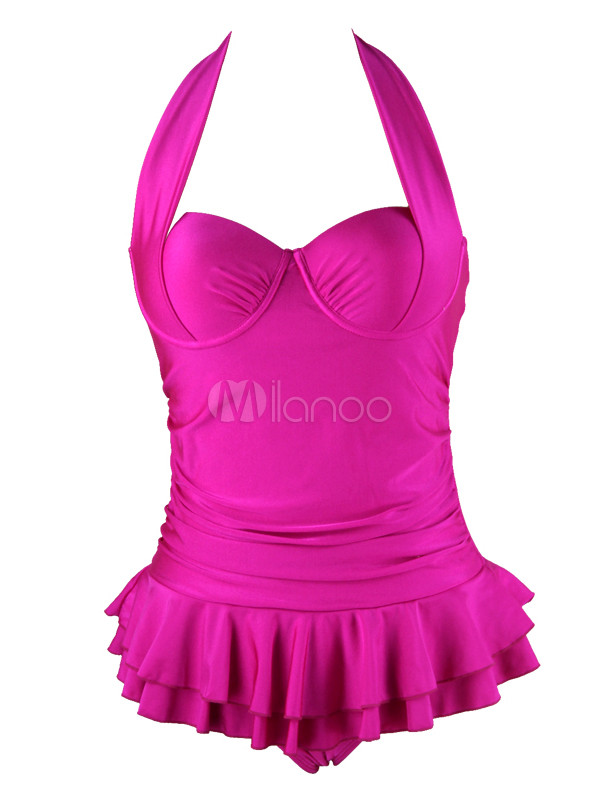 Sweet Halter Pleated Women's One Piece Swimsuit