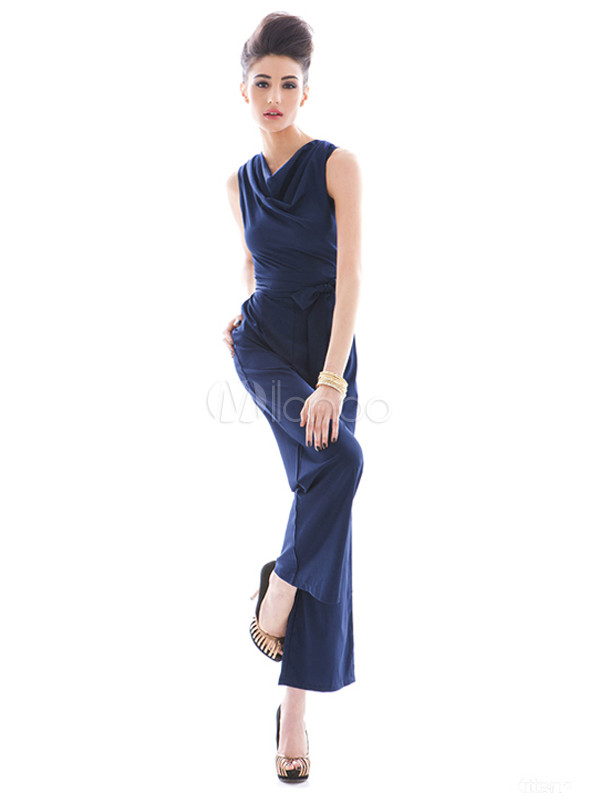 Shaping Blue Cowl Collar Drawstring Polyester Jumpsuits For Women