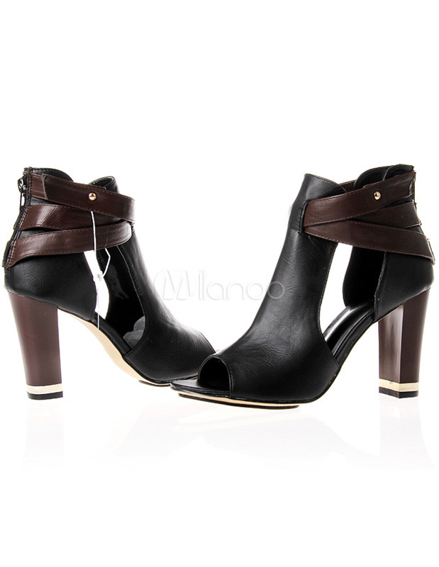 Black Rivet Zip Open Toe PU Womens Chunky Heel Shoes