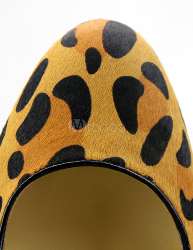 Brown Leopard Print Horsehair Women's Chunky Heels