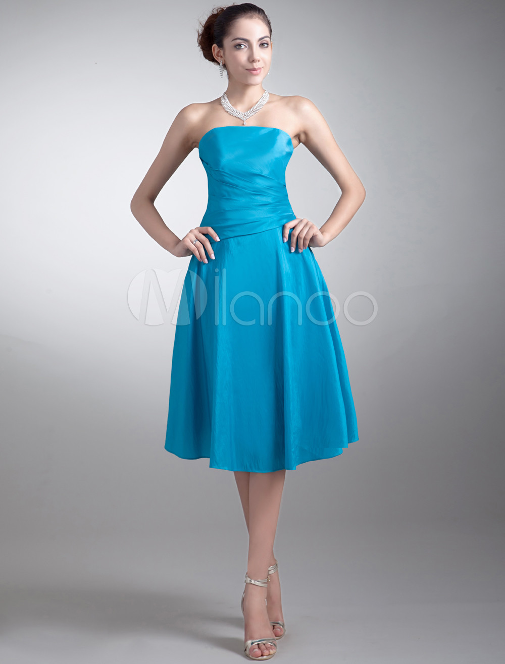 A-line Blue Taffeta Strapless Tea-Length Bridesmaid Dress For Wedding ...